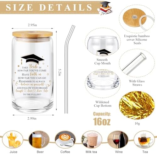 Domensi 6 Pcs Class of 2026 Graduation Gift for Her 16oz Glass Cup Makeup Bag Compass Journal Ballpoint Pens Inspirational Graduation Gift Set for College High School Daughter Sister Friend(Brown) - Image 2