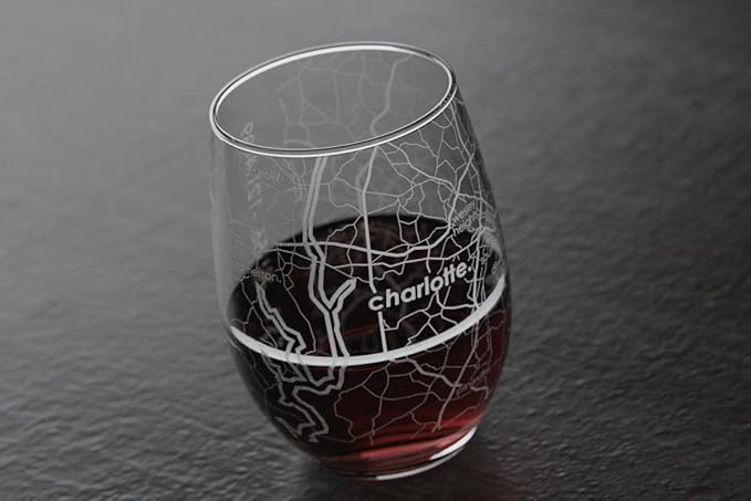 Well Told Engraved Charlotte North Carolina Map Stemless Wine Glass, Etched Glass (15 oz, Clear) City Custom Gifts for Lovers