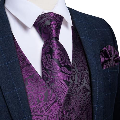 DiBanGu Mens Vest and Tie Set Formal Paisley Waistcoat and Necktie Pocket Square Cufflinks Silk Suit Vest for Tuxedo Wedding - Image 3