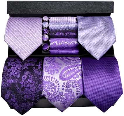 Hi-Tie Lot 5 Pcs Gift Box Mens Tie Set Necktie with Pocket Square Cufflinks Silk Neck Tie Collection by Hi-Tie
