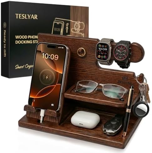 TESLYAR Wood Phone Docking Station for Men - Desk or Nightstand Organizer - Birthday Gifts for Husband, Dad - Anniversary Idea from Wife - Key Holder, Stand Wallet, Watch & Essentials (Bourbon Brown) by TESLYAR