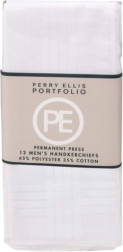 Perry Ellis 12 Pack Handkerchief (Permanent Press White with Satin Cord, 16" x 16")