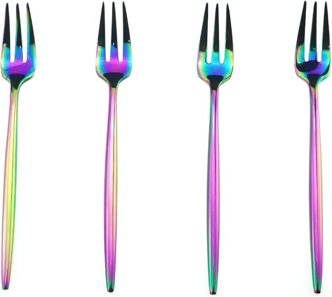 Gugrida 4-Piece Cake Fork 18/10 Stainless Steel Luxury Mirror Polished Rainbow Colorful Pie Fork Dessert Fork Silverware Flatware Cutlery