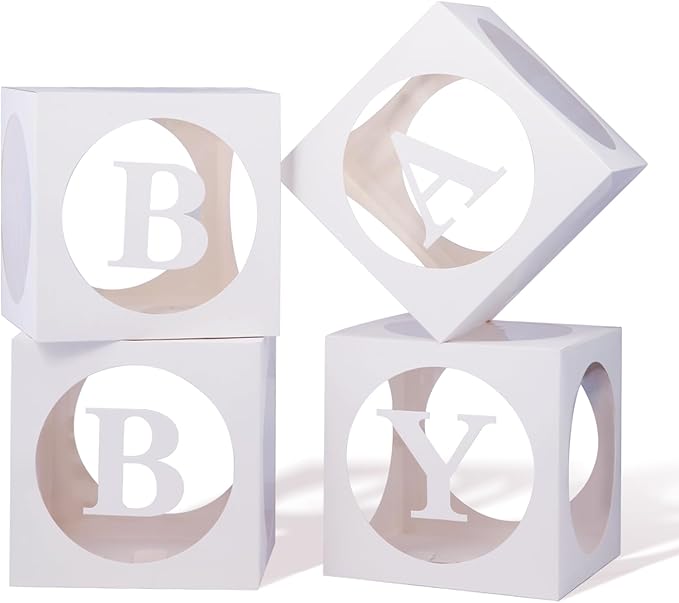 Baby Boxes with Letters for Baby Shower,Transparent Balloon Boxe 4 PCS Clear Baby Shower Decorations Block Boxes for Gender Reveal,Birthday Party Decorations
