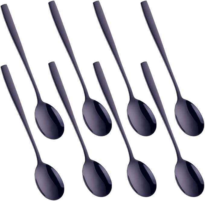 Metal Round Spoons, 8 inch Stainless Steel Reusable Long Handle Korean Soup Spoons, Table Dinner Desert Spoon Set of 8 (Black)