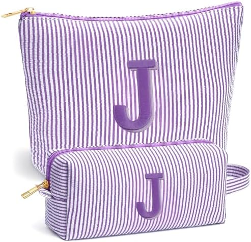 Travel Essentials - Portable Travel Toiletry Bag for Women, Initial Makeup Kit Organizer Make up Cosmetic Bag Set Purple Stuff Birthday Gifts for Women Daughter Mom, Purple Letter J by Fohufo