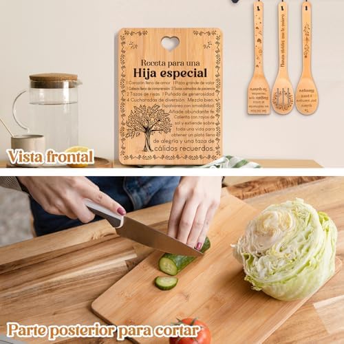 Regalos de cumpleaños para Hija - "Receta para una Hija especial". Juego de tablas de cortar y utensilios de bambú grabados. Regalos de cumpleaños para Hija. Spanish Daughter Cutting Board - Image 4