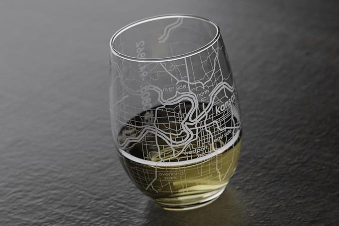 Well Told Engraved Kansas City Missouri Map Stemless Wine Glass, Etched Glass (15 oz, Clear) Custom Gifts for Lovers
