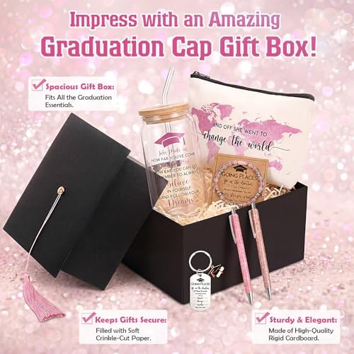 Vesici 8 Pcs Class of 2026 Graduation Gift Box Set for Women Her Grad Cap Box Glass Cup Makeup Bag Bracelet Pen Keychain College High School Graduation Gift for Daughter Sister Friend(Pink) - Image 3