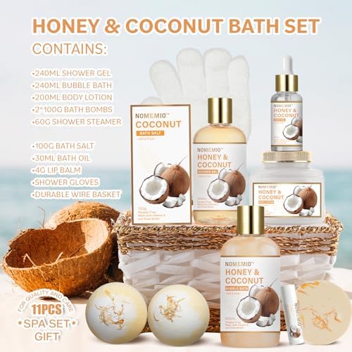 Birthday Gifts for Women, 11pcs Honey & Coconut Luxury Gift Basket Bubble Bath Skincare Gift Set - Image 2