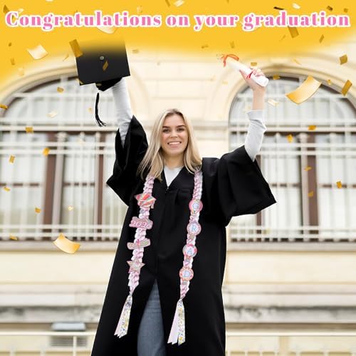 Class of 2026 Graduation Leis,Pink & White Graduation Ribbon Necklace Lei with DIY Accessories Pins,Graduation Gift for Her Him Girl - Image 3