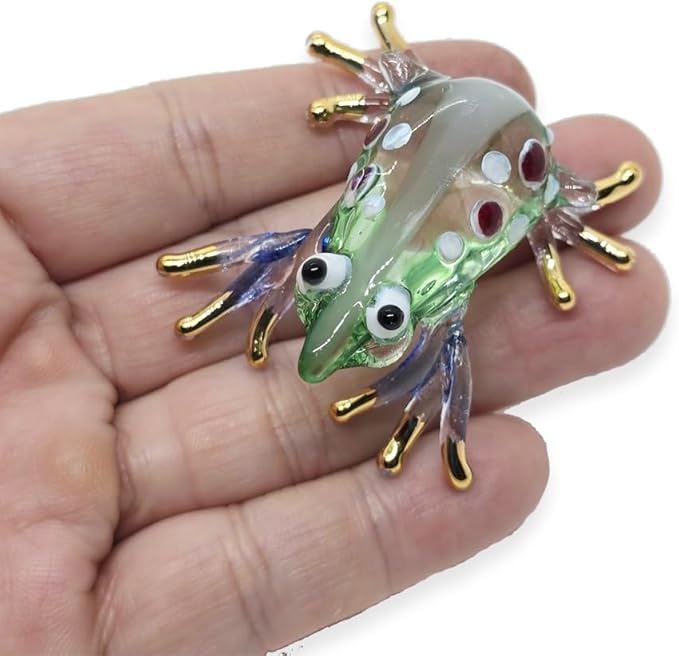 WitnyStore 1¾" Green Blue White Dot Frog Artistic Blown Glass Figurine Premium Hand-Blown Statue Tabletop Decoration Unique Collectible for Adult Collectors Handcrafted Elegant Home Room Decor