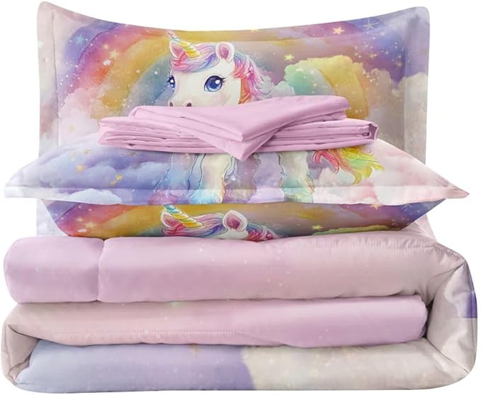 5PCS Unicorn Comforter Sets Full,Full Comforter Set for Girls,Cute Unicorn Bed Set for Kids,Girls,Teens,All Season Use