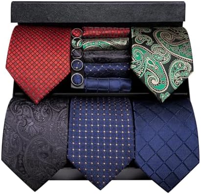 Hi-Tie Lot 5 Pcs Gift Box Mens Tie Set Necktie with Pocket Square Cufflinks Silk Neck Tie Collection by Hi-Tie