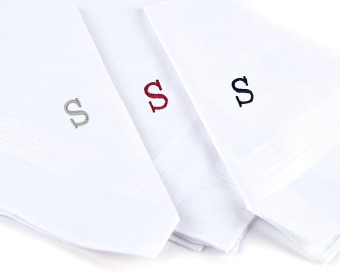 Initial Handkerchief for Men, Monogrammed Boxed 3 Piece Set,100% Cotton