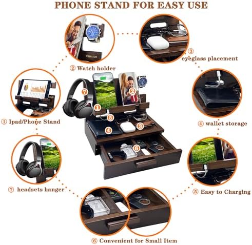 VEIYAILU Gifts for Men Women Him Husband Son Boyfriend Birthday Nightstand Organizer Wood Phone Docking Station Birthday Gifts (Deep Walnut) - Image 3