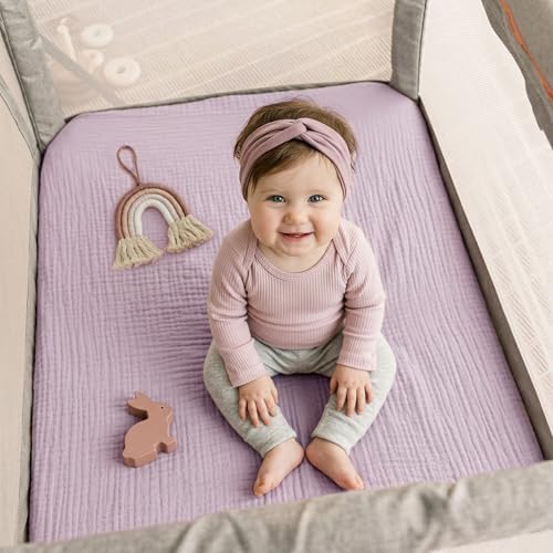 Pro Goleem Muslin Pack n Play Sheets for Girls, Soft Breathable Cotton Fitted Mini Crib Sheets, Baby Sheets for Playard Mattress, 2 Pack (Pink＆Purple) - Image 5