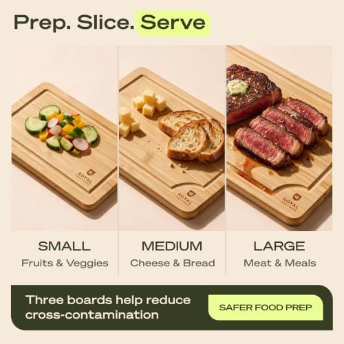 ROYAL CRAFT WOOD Wooden Cutting Boards for Kitchen Meal Prep & Serving - Bamboo Wood Serving Board Set with Deep Juice Groove Side Handles - Charcuterie & Chopping Butcher Block for Meat - Image 5