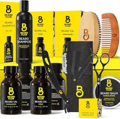 The Beard Club Premium Beard Kit for Men - Grooming & Care Kit - Cedar & Sandalwood Oil, Sandalwood Balm, Shampoo, Brush, Comb, Trimming Scissors, Straight Edge Razor - Gift Set by TheBeardClub