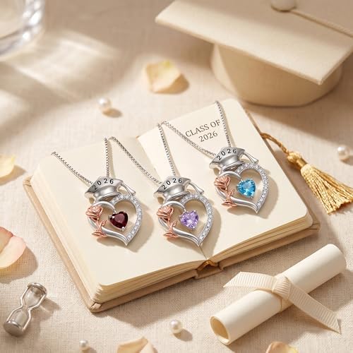 SLOONG College Graduation Gifts for Her, S925 Sterling Silver Heart Birthstone Graduation Cap Rose Necklace, Class of 2026 High School College Graduation Gifts for Her - Image 6