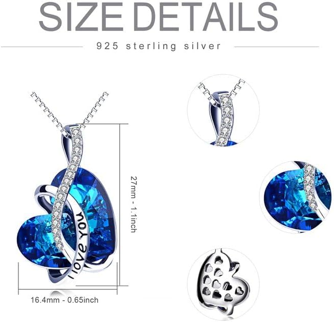 AOBOCO I Love You Sterling Silver 12 Birthstone Heart Pendant Necklace Embellished with Crystals from Austria, Mother's Day Anniversary Birthday Jewelry Christmas Gifts for Women Grandma Nana