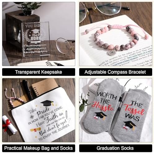 Baderke Graduation Gift Set for Her 2026 Meaningful Congrats Grad Gifts with Compass Bracelet, Memory Bear, Keepsake Plaque, Socks and Makeup Bag for High School or College Graduate(White) - Image 5
