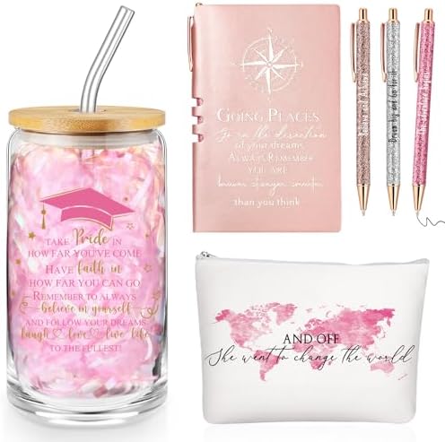Domensi 6 Pcs Class of 2026 Graduation Gift for Her 16oz Glass Cup Makeup Bag Compass Journal Ballpoint Pens Inspirational Graduation Gift Set for College High School Daughter Sister Friend(Pink) by Domensi