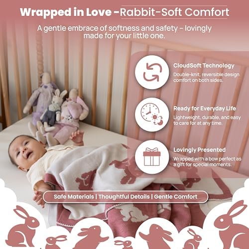 Reversible Knit Baby Blanket 30x40 in, Rabbit Antique Rose - Image 2