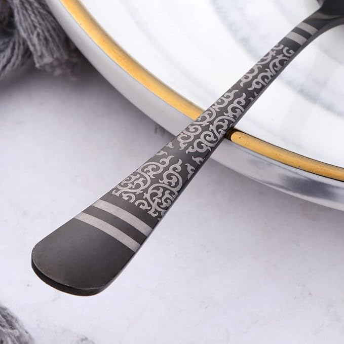 Black Unique Pattern Design Coffee Espresso Spoons Mini, Mingcheng Stainless Steel Small Teaspoons Silverware Set of 12, BISDARUN 5.5 Inches Food Spoons for Demitasse Dessert Tea