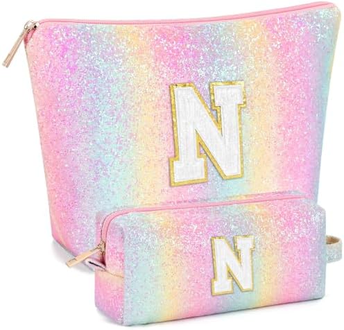 mibasies 2 PCS Initial Makeup Bags for Women: Cosmetic Bag for Travel Toiletry - Birthday Gifts for Teen Girl Gifts Trendy Stuff - Graduation Teacher Gift for Girlfriend -Glitter Rainbow N by mibasies