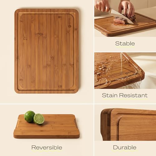 ROYAL CRAFT WOOD Wooden Cutting Board - Bamboo Cutting Boards with Juice Groove - Kitchen Chopping Board for Meat Cheese and Vegetables, Heavy Duty Serving Tray w/Handles, 13” x 17” - Image 3