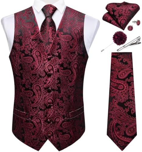 DiBanGu Mens Vest and Tie Set Formal Paisley Waistcoat and Necktie Pocket Square Cufflinks Silk Suit Vest for Tuxedo Wedding by DiBanGu