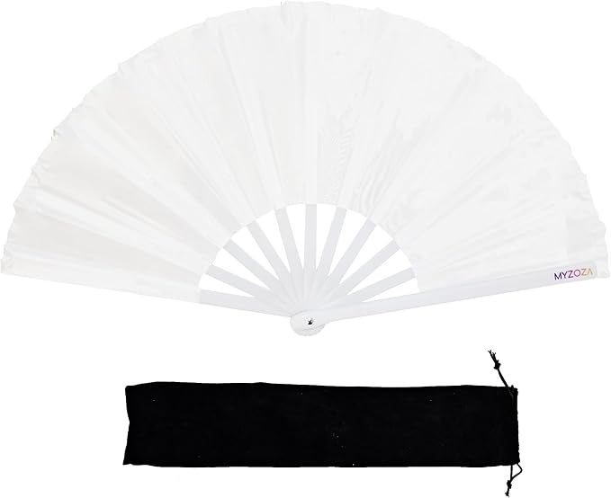 Set of Two Large Hand Foldable Fans Clack Popping Rave Festival Line Dancing Boots on the Ground Valentines Mardi Gras (Omber & White)