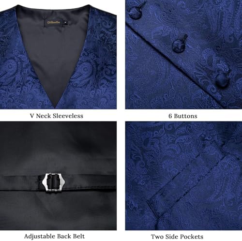 DiBanGu Mens Vest and Tie Set Formal Paisley Waistcoat and Necktie Pocket Square Cufflinks Silk Suit Vest for Tuxedo Wedding - Image 4