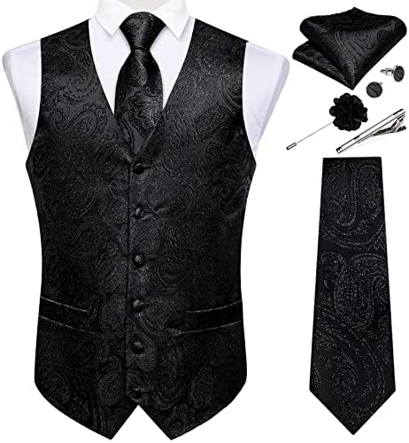 DiBanGu Mens Vest and Tie Set Formal Paisley Waistcoat and Necktie Pocket Square Cufflinks Silk Suit Vest for Tuxedo Wedding by DiBanGu