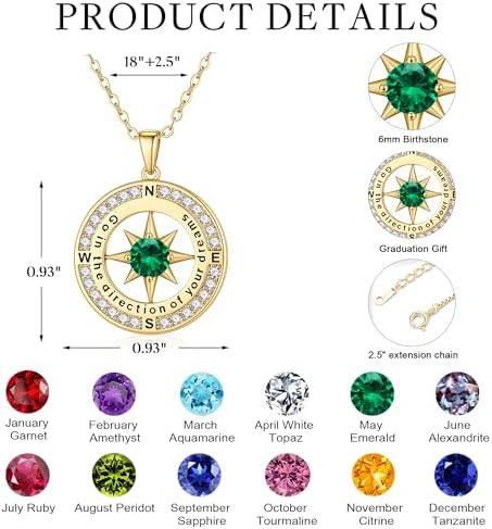 Turandoss 2026 Graduation Gifts for Women Her - 14K Gold Plated Compass Birthstone Necklace High School College Graduation Gifts for Women Family - Image 5