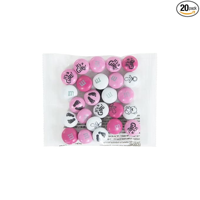 M&M'S World Baby Girl Milk Chocolate Favors 20 Packs 0.75oz each with Pink and White M&M'S for Girl Baby Showers Gender Reveal Parties and Guest Giveaways