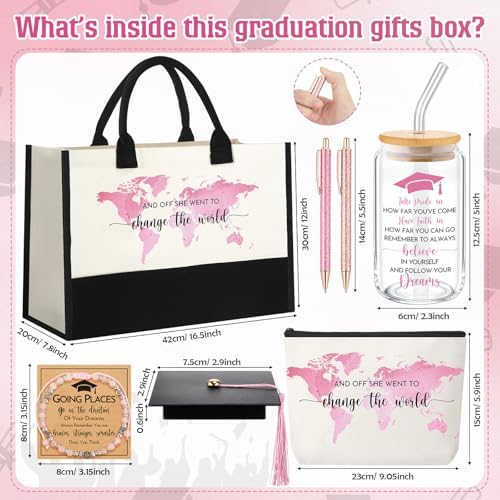 Vesici 8 Pcs Graduation Gifts Set for Women Her 2026 with Tote Bag Makeup Bag Bracelet Box Glass Cup Pens Class of 2026 Congratulations Graduate Gift Basket for College Senior Nurse(Pink) - Image 2