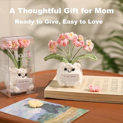 Crochet Forget Me Not Gift for Mom – Mothers Day Gifts from Daughter Son, Handmade Pink Flower Pot with Card “to My Mom”, Cute Desk Decor, Ready-to-Gift with Clear Box - Image 2