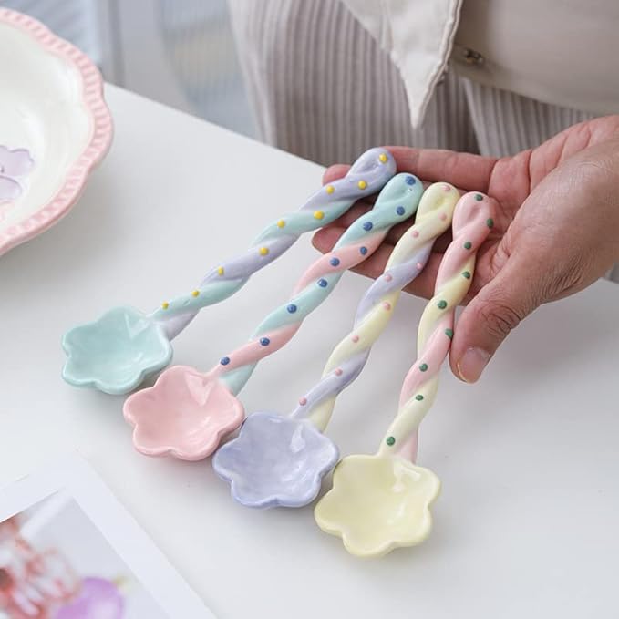 4-Pack - Ceramic Vintage Afternoon Tea, Coffee Whisk, Floral embossed beaded dessert spoon，Handmade Spoon, Long-Handle Coffee Scoop, tea scoop for loose tea, Size 5.9 * 1.5in(15 * 4cm)