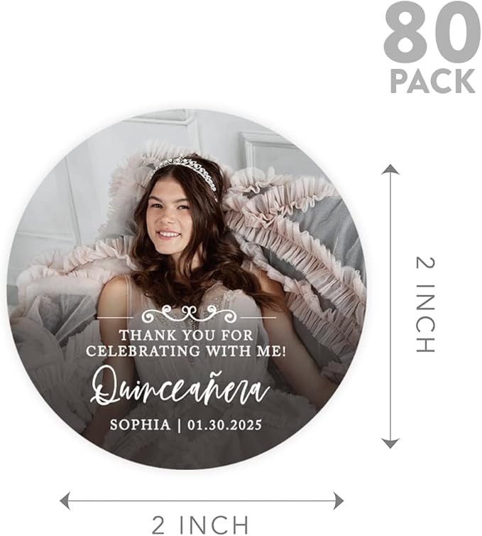 Andaz Press 40-Pack Personalized 2" Round Circle Quinceañera Labels Thank You for Celebrating with Me Sticker with Custom Photo for Quince Favors, Invitations, 15th Birthday, Decorations