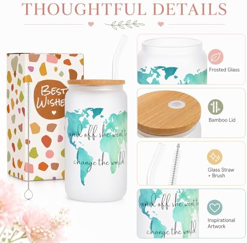 Frerdui Graduation Gift for Her – And Off She Went to Change the World 16oz Glass Cup, Cute Grad Gift for College High School Graduate, Grad Gift for Daughter Niece Granddaughter Friend - Image 5