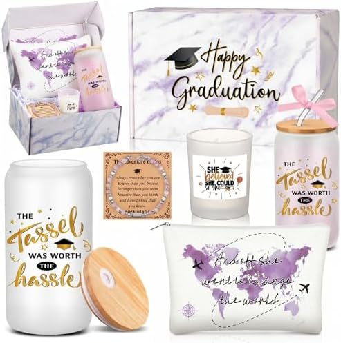 Potchen 7 Pcs Graduation Gifts for Girl Her Class of 2026 College High Graduation Gifts Box Set with 16oz Glass Cup Cosmetic Bag Bracelet Scented Candle with Box for Women Daughter Friend(Pink Purple) by Potchen