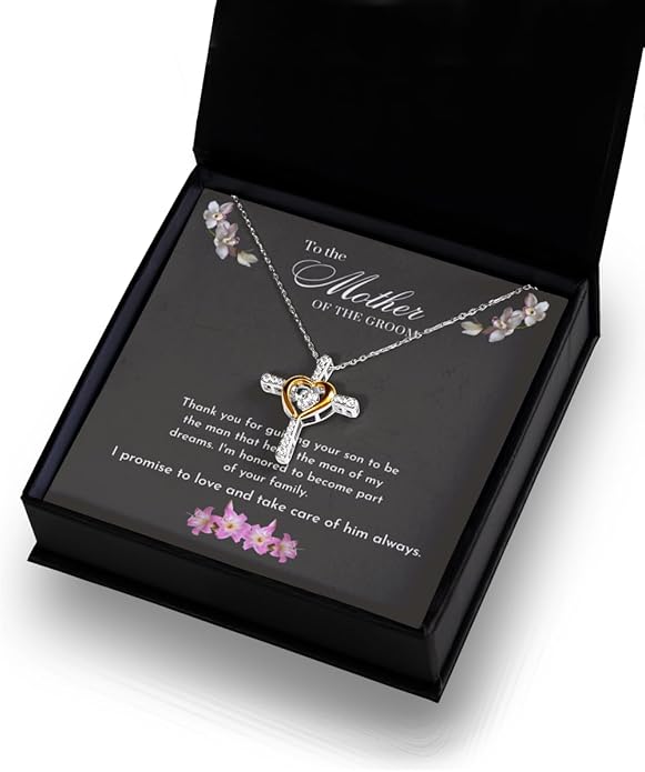 Mother of the Groom Gifts from Bride (.925) Stirling Silver Cross Necklace, Gift for Moms on Wedding Day Card and Jewelry, Mother in Law Wedding Gift from Bride