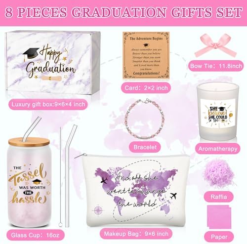 Potchen 7 Pcs Graduation Gifts for Girl Her Class of 2026 College High Graduation Gifts Box Set with 16oz Glass Cup Cosmetic Bag Bracelet Scented Candle with Box for Women Daughter Friend(Pink Purple) - Image 3