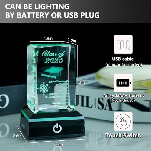Class of 2026 Graduation Gift, Class of 2026 3D Crystal Laser Engraved Plaque with Glowing LED Base, Meaningful Senior Gift for Daughter Son, High School College Decor - Image 2