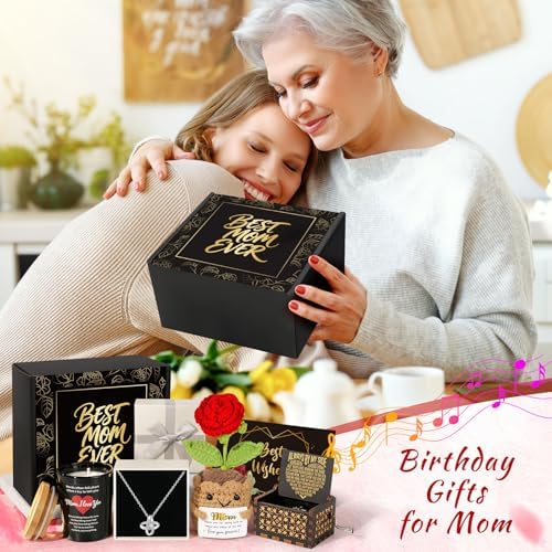 Fortuning's JDS Birthday Gift for Moms, Mom Birthday Mothers Day Gifts Ideas Basket for Moms Mama Mother from Daughter Son Child, New Moma Gifts with Music Box and Knitted Rose Flowers Mom Crochet - Image 2