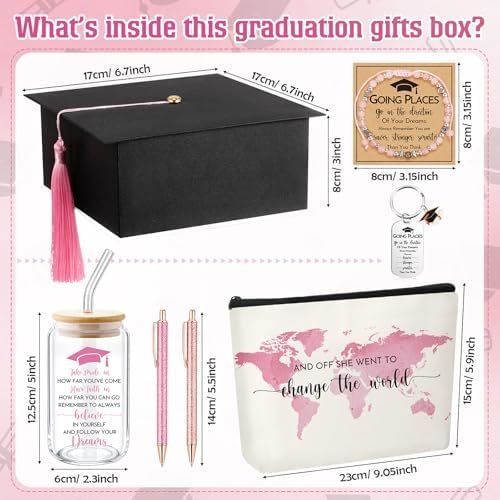 Vesici 8 Pcs Class of 2026 Graduation Gift Box Set for Women Her Grad Cap Box Glass Cup Makeup Bag Bracelet Pen Keychain College High School Graduation Gift for Daughter Sister Friend(Pink) - Image 2