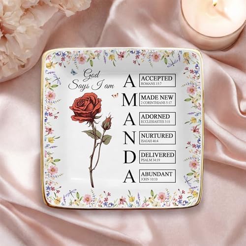 Personalized Floral God Says I Am Name Letter In Bible Verse Jewelry Dish - Custom Birth Flower Jewelry Dish - Christian Gift - Religious Affirmations Gifts - Image 2