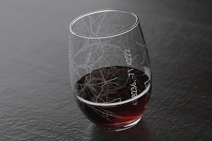 Well Told Engraved Providence Rhode Island Map Stemless Wine Glass, Etched Glass (15 oz, Clear) City Custom Gifts for Lovers